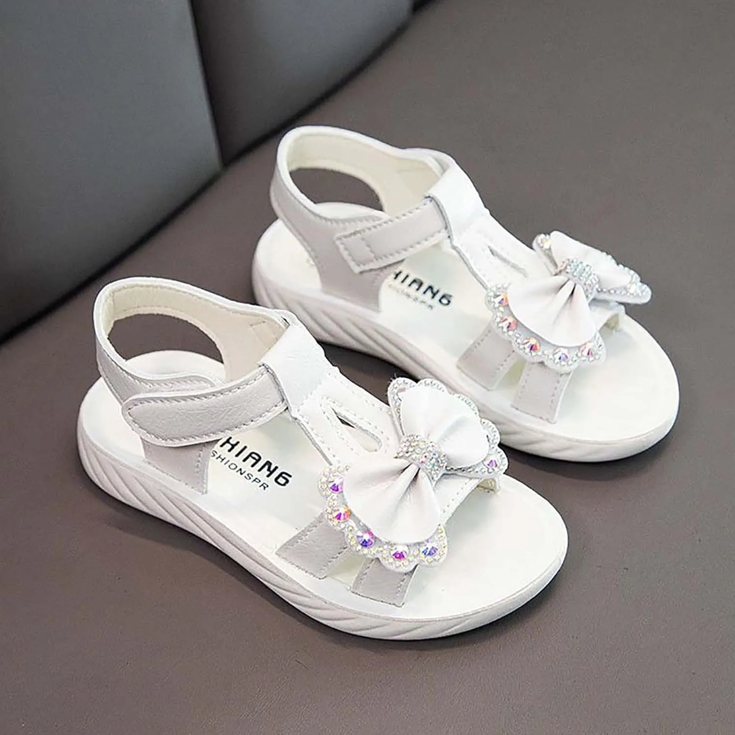 Little Girls Flat Sandals Kids Open Toe Ankle Strap Dress Shoes Toddler Rhinestone Bow Wedding Party Princess