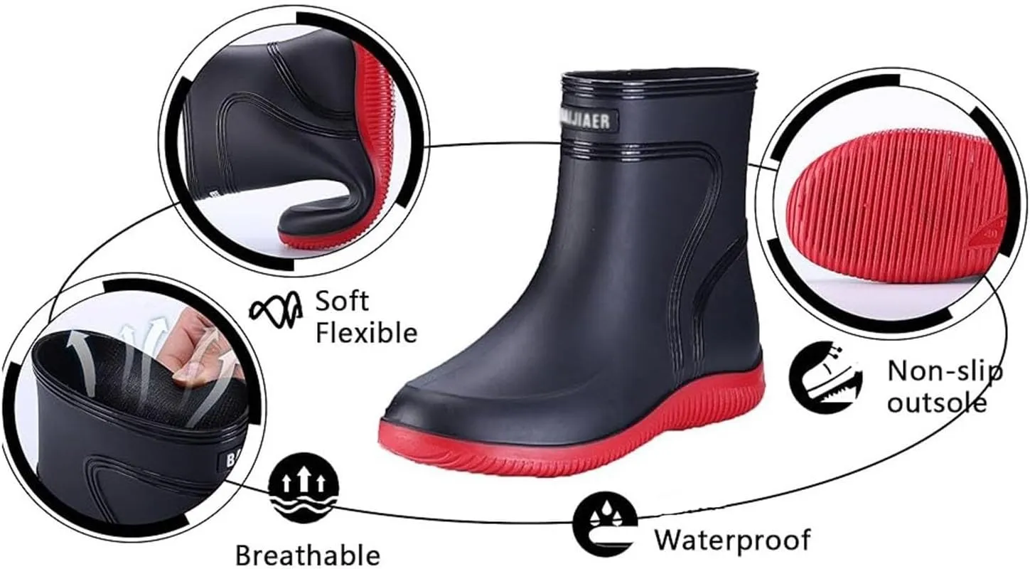 Men's Anti-Skid Fishing Rain Boots, Outdoor Sturdy Durable Waterproof Mid Calf Rubber Work Rain Boot for Men, Garden Hunting Shoes, for Gardening, Fishing, Boating, Camping, Sailing