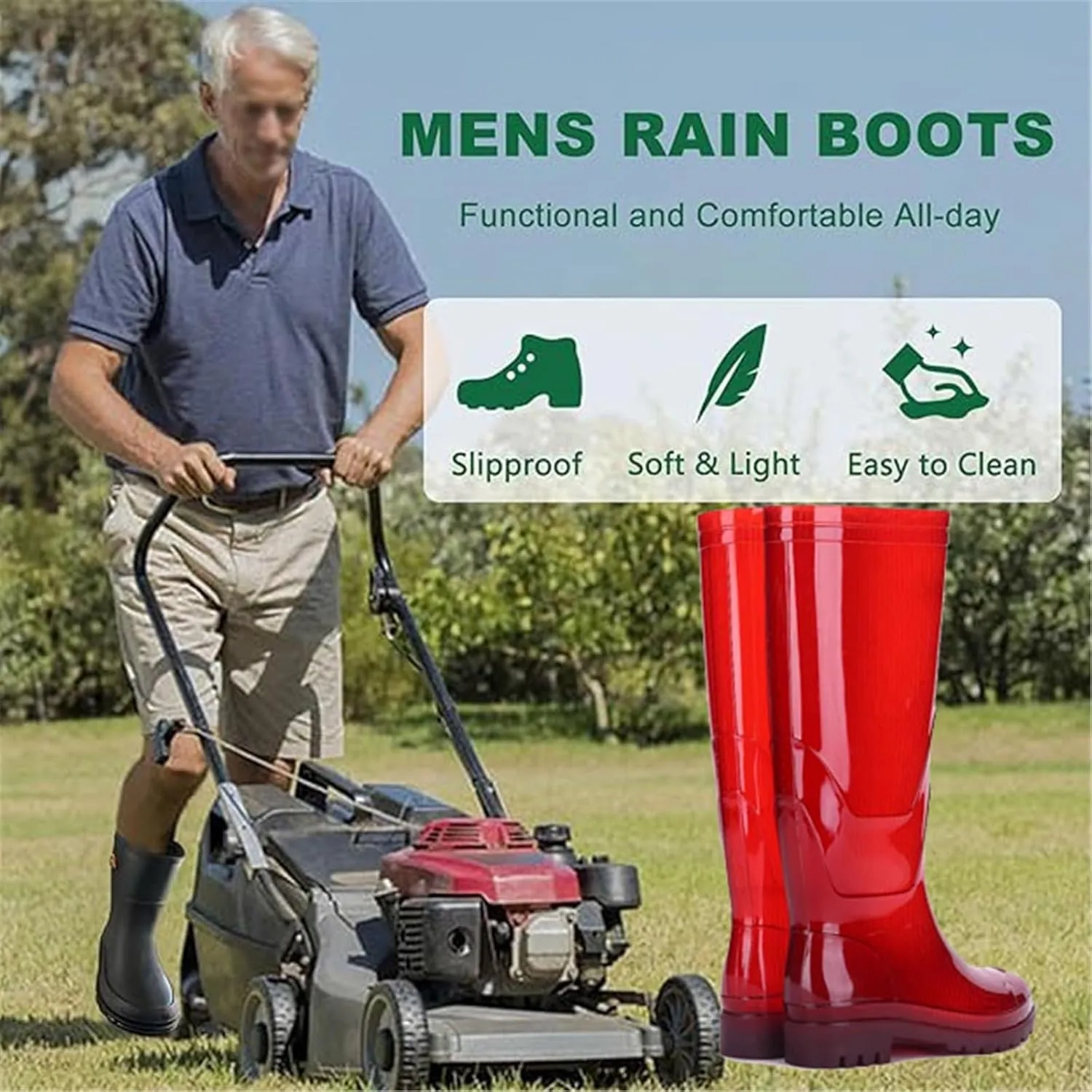 Mens Anti-Skid Rain Boots, Men's High Barrel Waterproof Garden Fishing Outdoor Work PVC Rain Boots, Sturdy Durable Rainboots, for Gardening Farming Camping Fishing and Yard Working