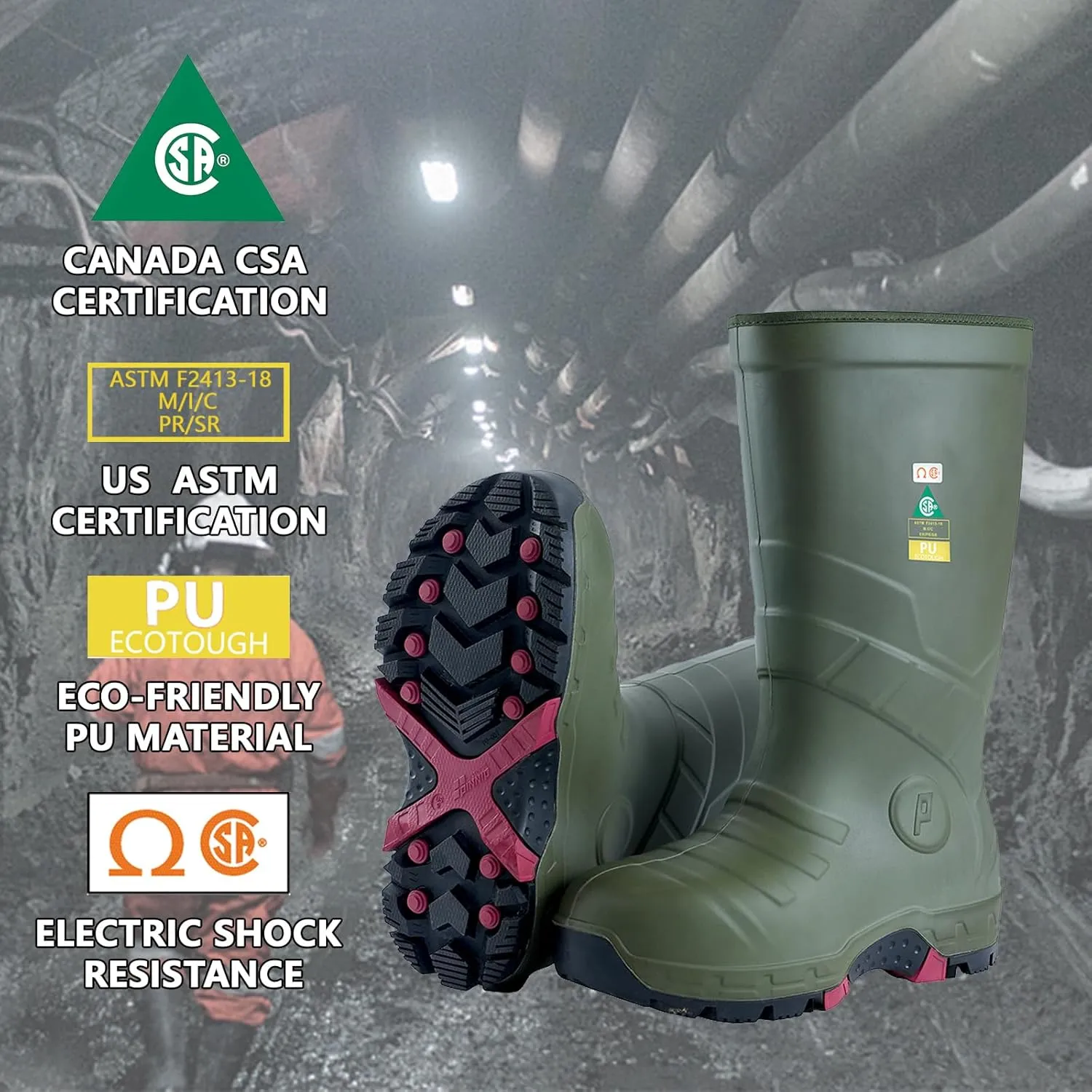 Mens Heavy Duty PU Rubber Work Boots With Composite Toe Insulated Mining Boots ASTM F2413-18 Acid & Oil Resistant