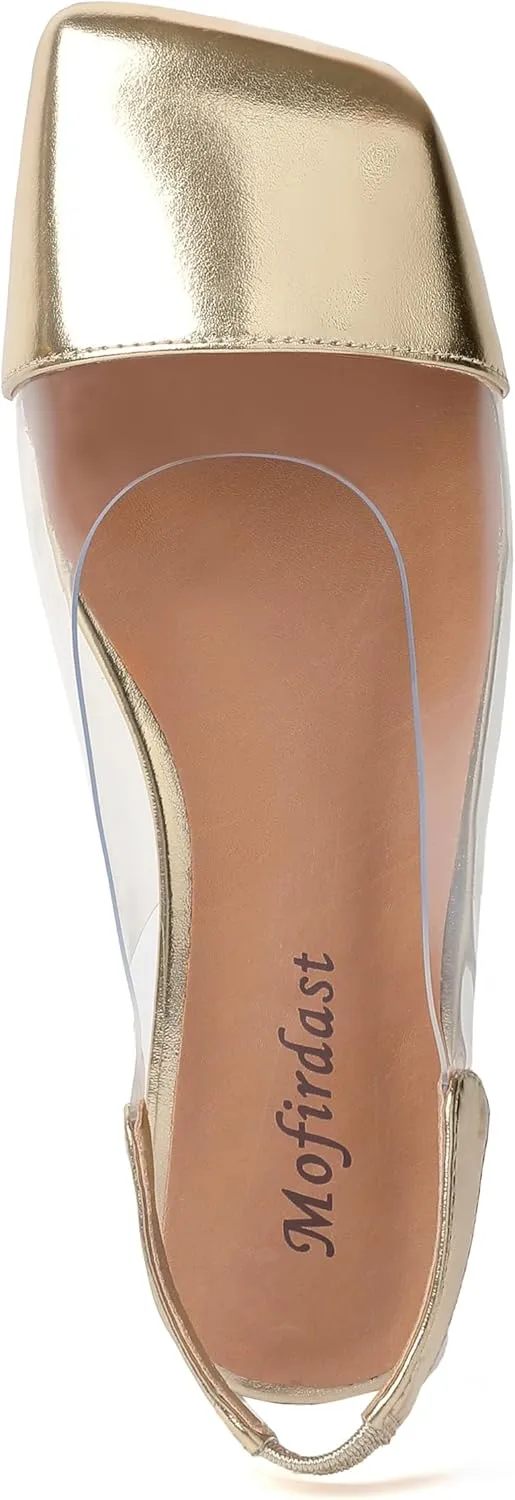 Mofirdast Clear Flats Sandals for Women Square Toe Slingback Flats with Transparent Ankle Strap for Work Weddings Parties