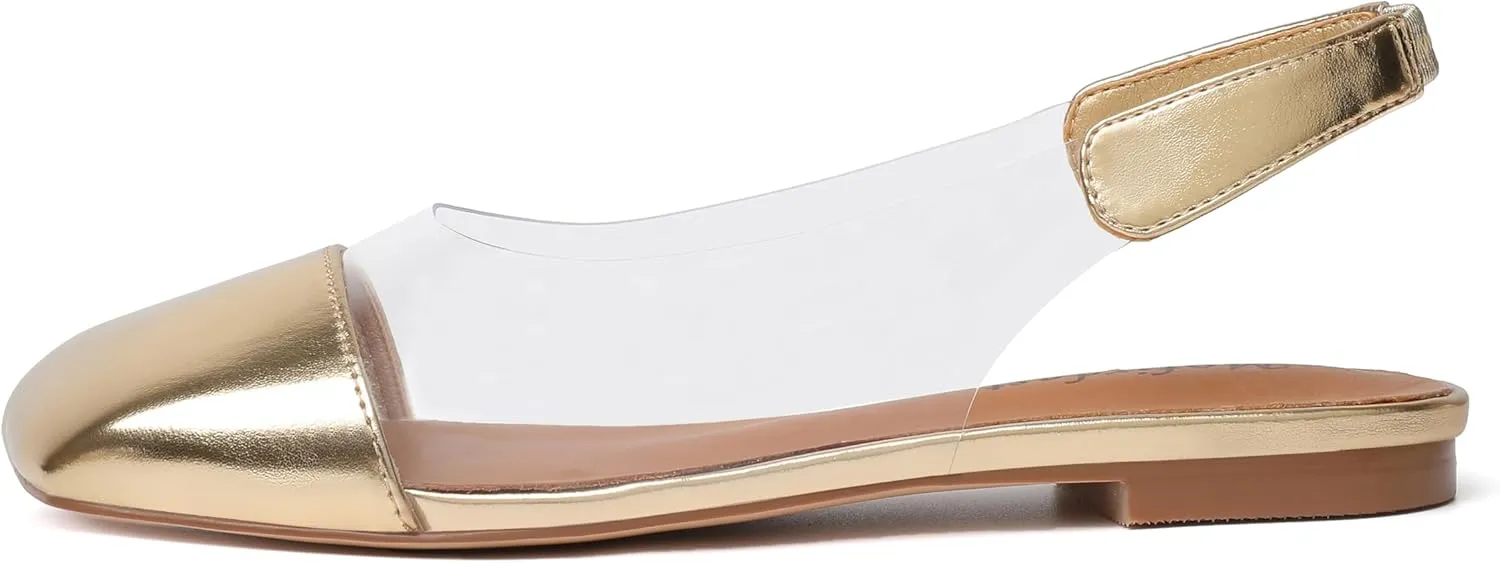 Mofirdast Clear Flats Sandals for Women Square Toe Slingback Flats with Transparent Ankle Strap for Work Weddings Parties