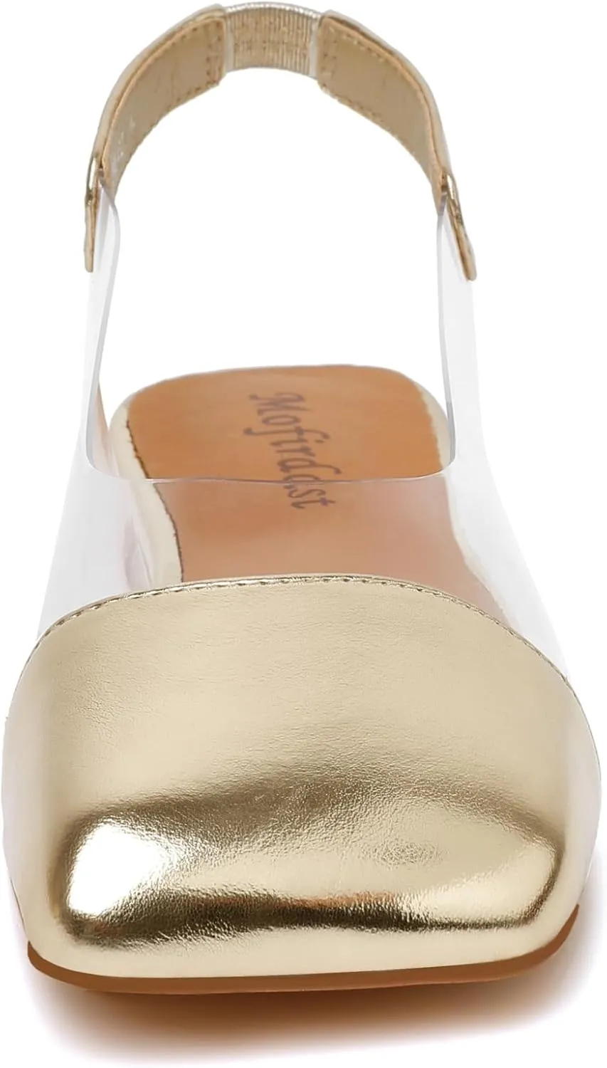 Mofirdast Clear Flats Sandals for Women Square Toe Slingback Flats with Transparent Ankle Strap for Work Weddings Parties