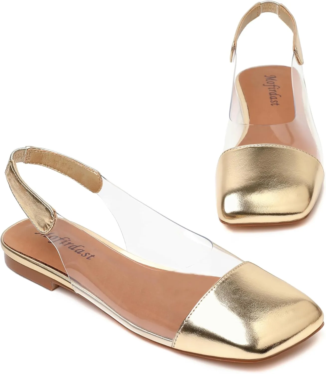 Mofirdast Clear Flats Sandals for Women Square Toe Slingback Flats with Transparent Ankle Strap for Work Weddings Parties