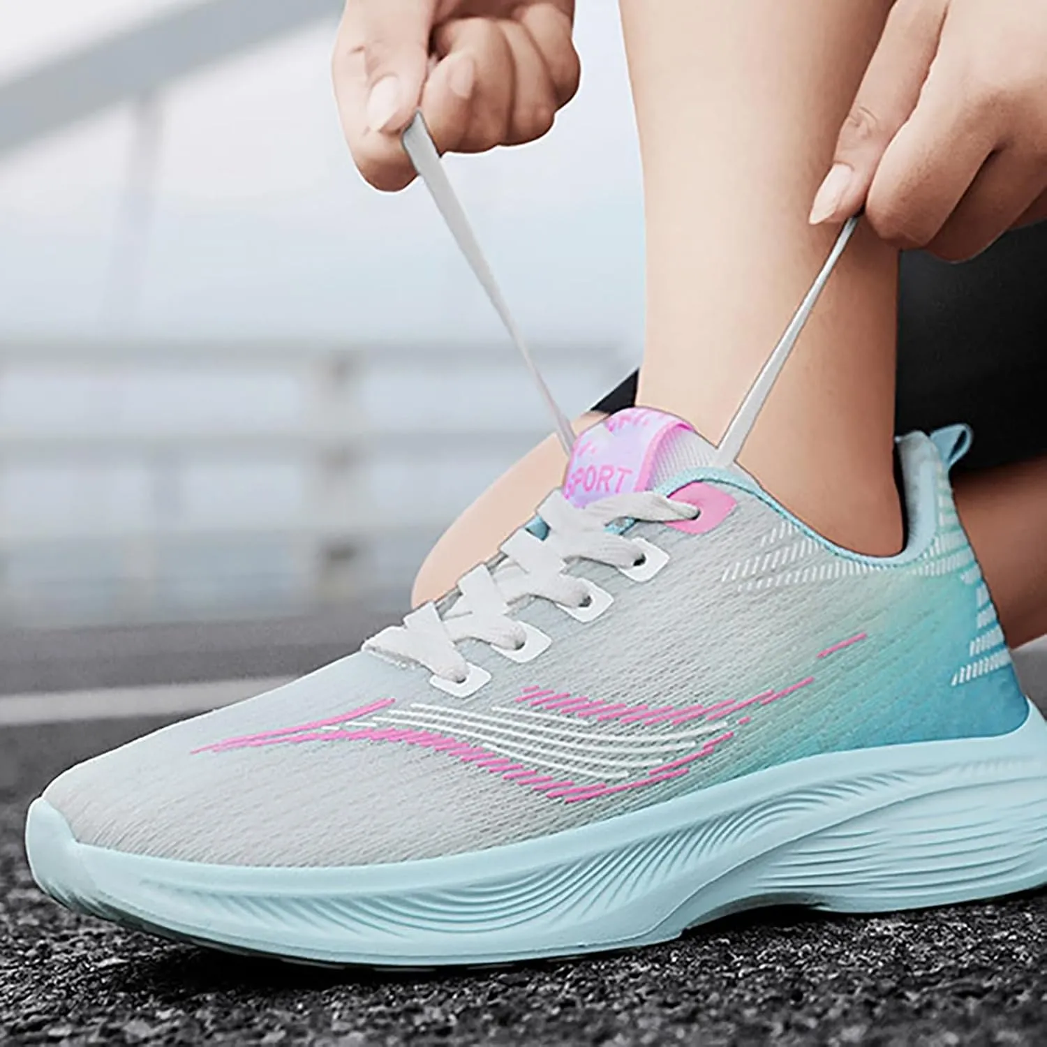 Non Slip Shoes Women Comfortable Soft Sole Lace Up Knit Mesh Sport Shoes Casual Breathable Lightweight Workout Sneakers