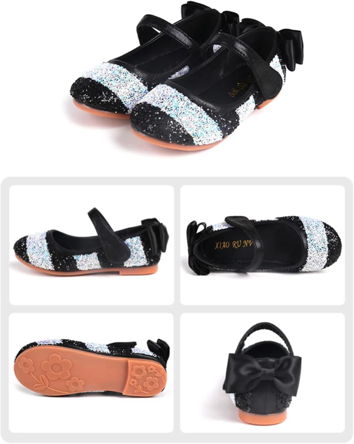 OMEARK Girls Sparkly Party Shoes, Round Head Glitter Princess Flat Dress Shoes, Children's Stylish Soft-Soled Dress Up Shoes with Heel Bowknot, Breathable Waterproof Plus Size Sandals