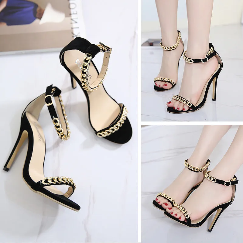 Open Toe Metal Chain Decorate Ankle Wrap Stiletto High Heels Sandals