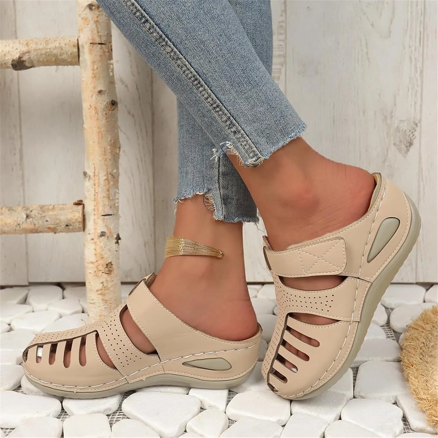 Orthopedic Sandals for Women Ankle Strap Closed Toe Wedge Platform Sandals Casual Summer Hollow Out Breathable Shoes