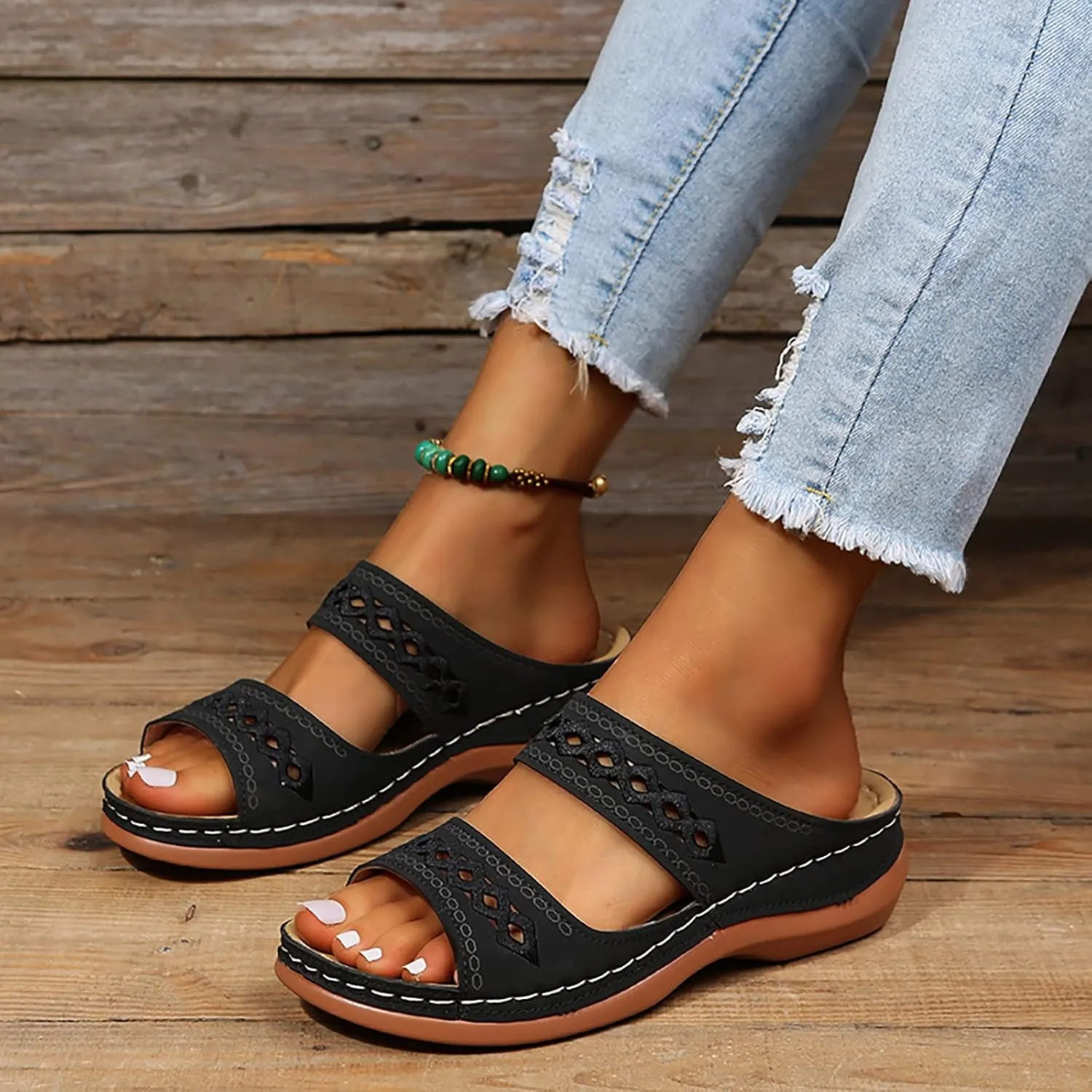 Orthopedic Wedge Sandals for Women Summer Dressy 2025 Flat Open Toe Platform Sandals Casual Boho Slip on Sandals Beach Sandals Dress Shoes Comfortable Outdoor Shoes (1-Black, 6)