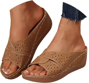Orthopedic Wedge Sandals for Women Summer Dressy 2025,Comfortable Non Slip Solid Color Open-Toe Dressy Platform Leather Slipper Breathable Arch Support Slip on Shoes Dressy Casual Beach Comfy Shoes