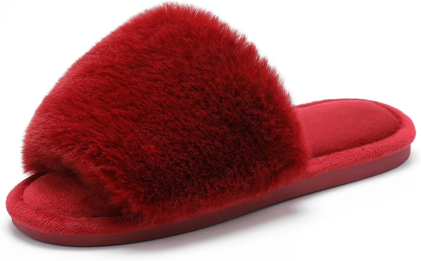 Parlovable Women's Faux Fur Slippers Fuzzy Flat Spa Fluffy Open Toe House Shoes Indoor Outdoor Slip on Memory Foam Slide Sandals