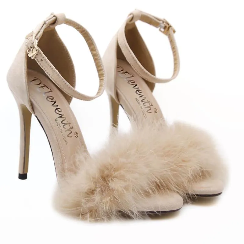 Pointed Toe Fur Fringe Open Toe Sandals