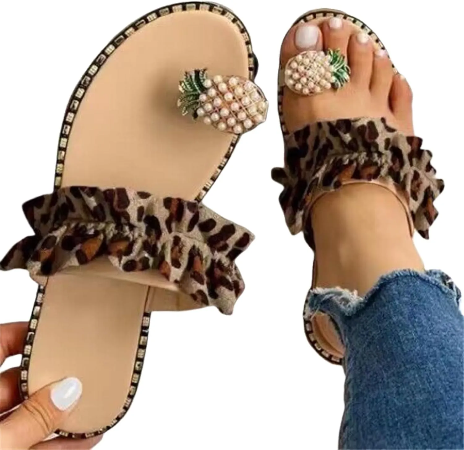 Sandals for Women Bohemia Bling Rhinestone Pearl Flat Sandals Sweet Cute Pineapple Sandal, Clip Toe Flip Flops Boho Casual Flat Slippers Beach Open Toe Dress Shoes