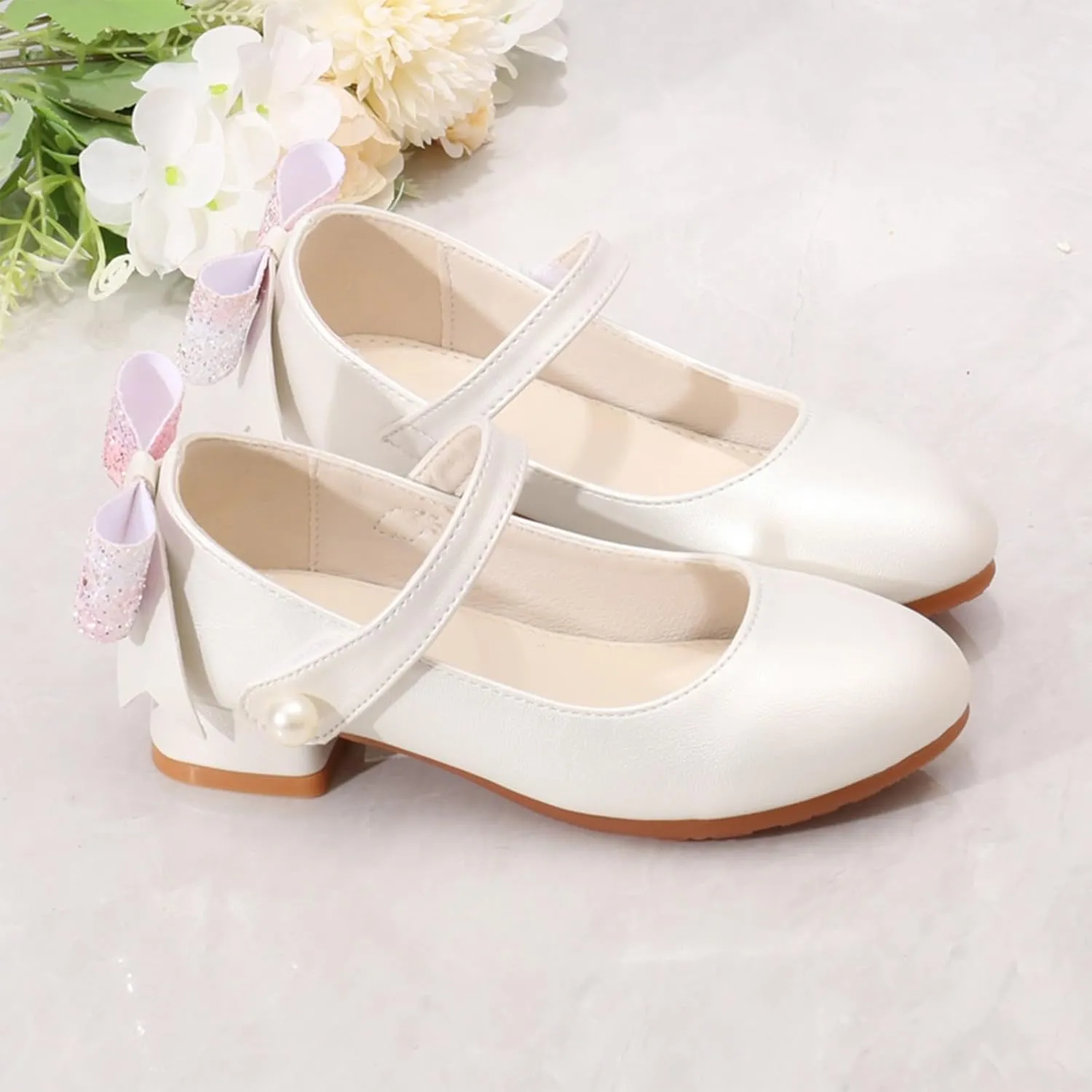 Slides for Girls and Boys Round Head Mary Jane Shoes for Girls Fashionable Ballet Soft Leather Princess Retro Versatile Literary High Heels Shoes Walking Beach Shower Boys