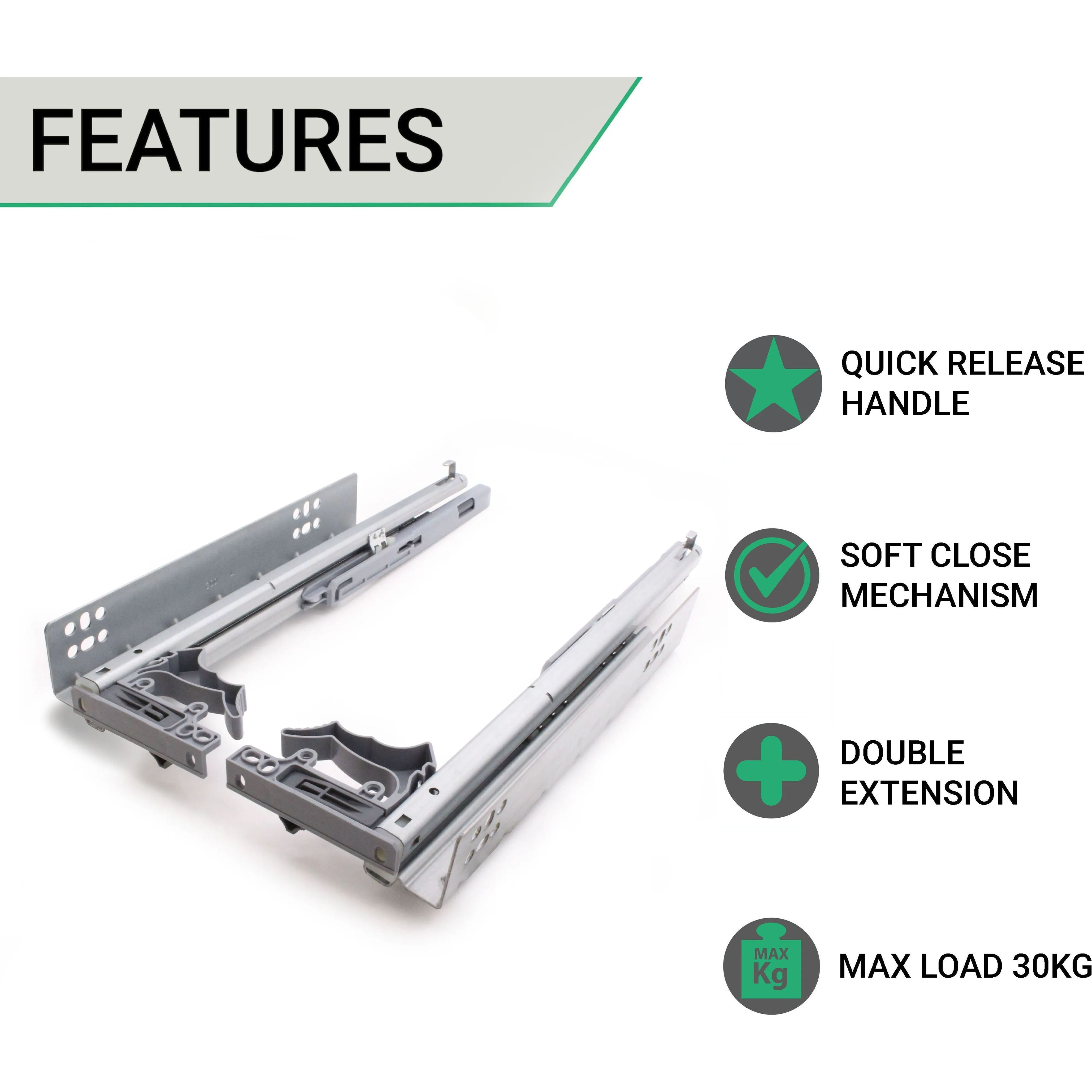 Soft Close Concealed Undermount Drawer Runners Double Extension 30kg Max 350mm