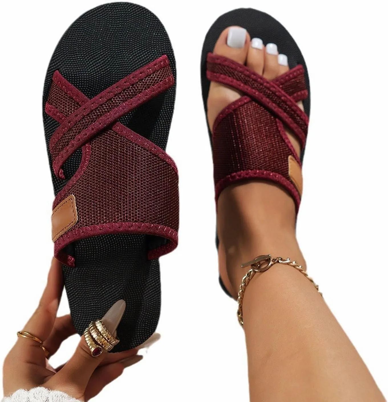 Summer Sandals for Women 2025 Fashion Comfortable Wide Spring Beach Shoes Hollow Mesh Flat Slide Sandals Flip Flops