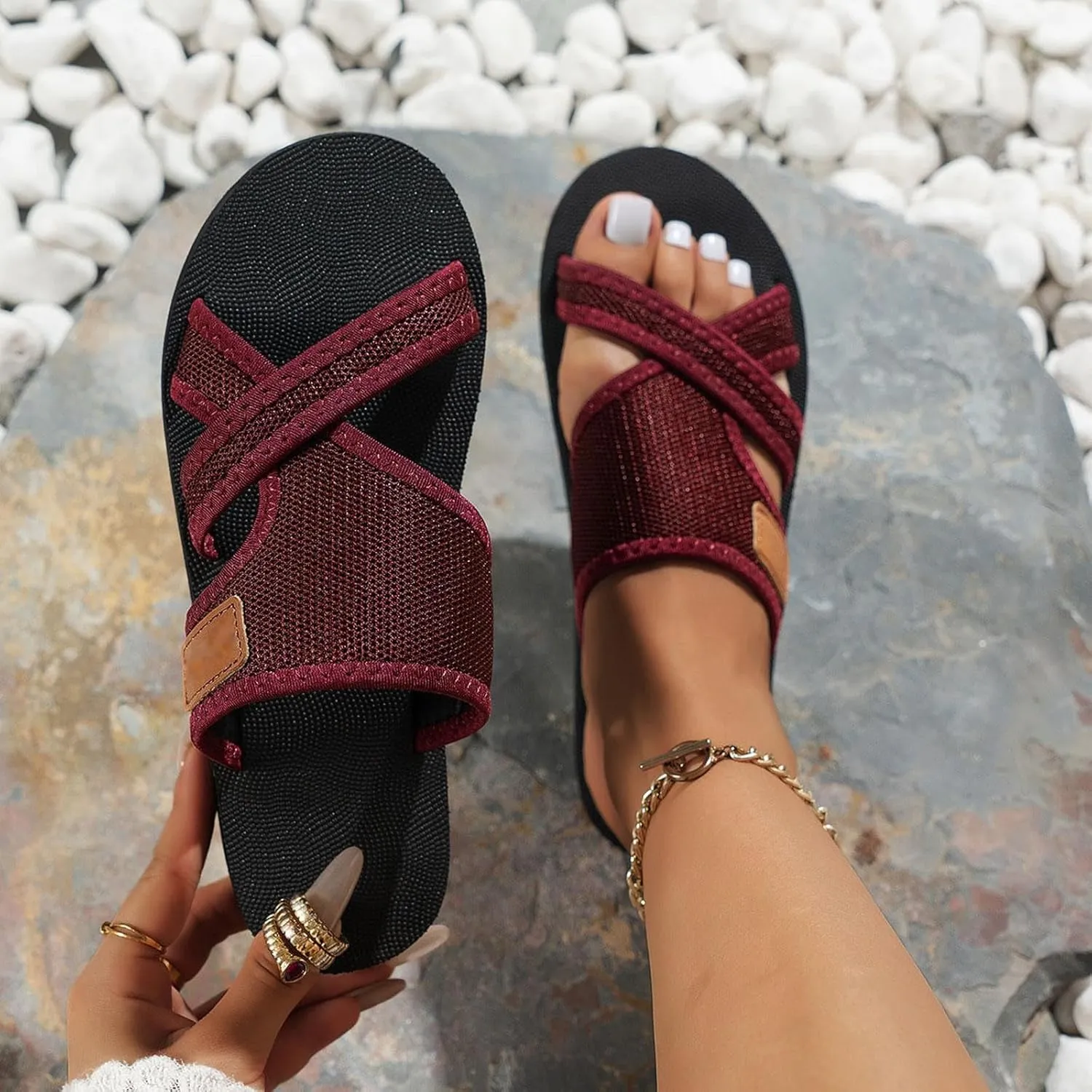 Summer Sandals for Women 2025 Fashion Comfortable Wide Spring Beach Shoes Hollow Mesh Flat Slide Sandals Flip Flops