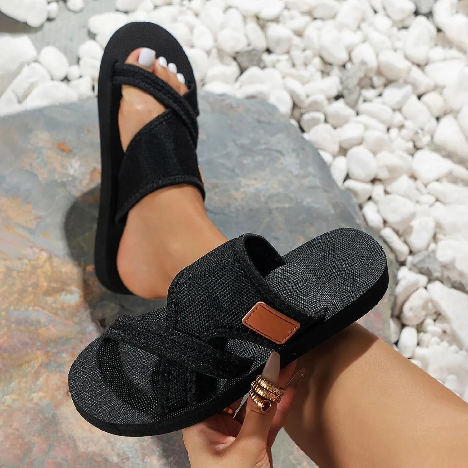 Summer Sandals for Women 2025 Fashion Comfortable Wide Spring Beach Shoes Hollow Mesh Flat Slide Sandals Flip Flops