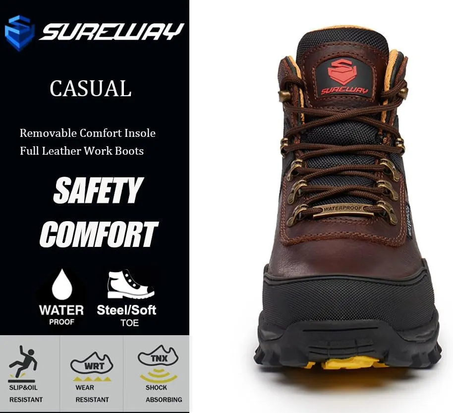 SUREWAY Men's 6" Steel Toe Waterproof Work Boot Heavy Duty - Leather,Lace Up, Comfortable Outsole, EH Construction Industrial Ankle Mens Safety Work Boots