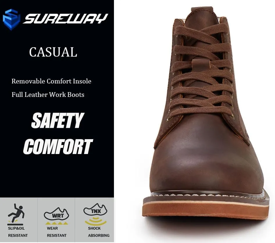 SUREWAY Mens 6" Stylish and Comfort Leather Ankle Lace-up Boots,Men Dress Chukka Boots,6-Inch Service Boot Pro,Casual Soft toe Brown Work Boots