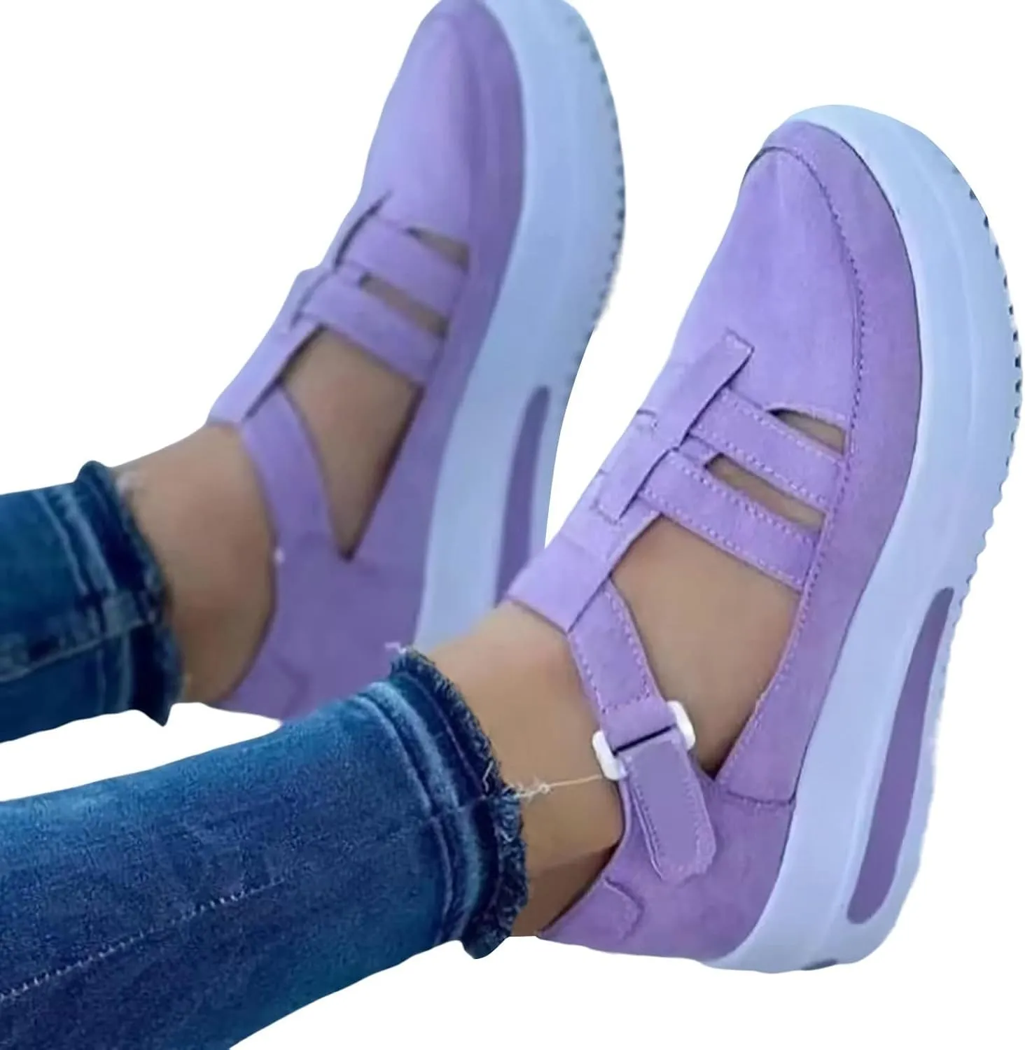 Swezida Shoes Platform Wedge Sandals for Women Summer Closed Toe Hollow Strappy Flat Sandals, Buckle Strap Slip on Platform Sandal Comfortable Flats Loafers