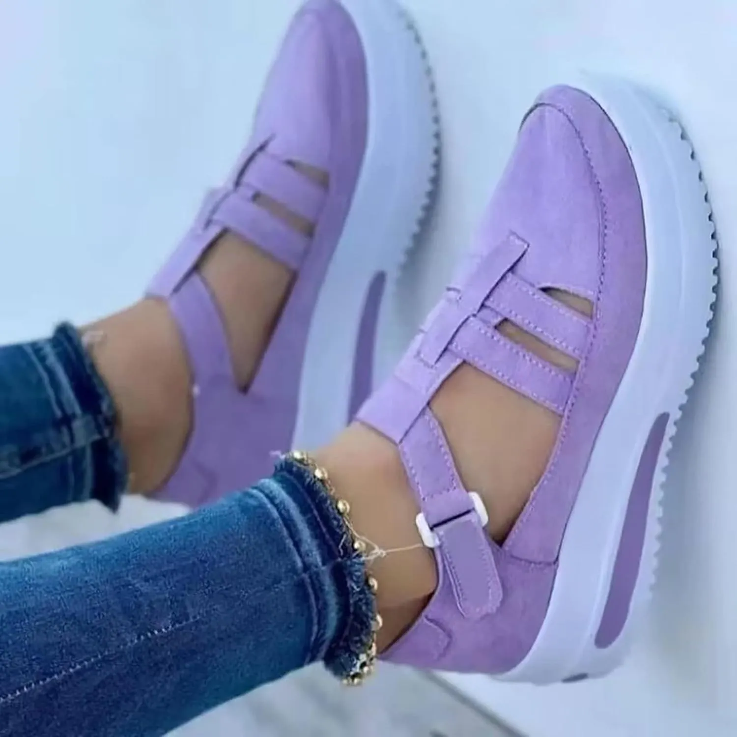 Swezida Shoes Platform Wedge Sandals for Women Summer Closed Toe Hollow Strappy Flat Sandals, Buckle Strap Slip on Platform Sandal Comfortable Flats Loafers