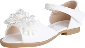 Toddler Girls Sandals Leaky Toe Non Slip Summer Flats Pearl Flower Girl Dress Shoes with Hook & Loop for Kids Wedding