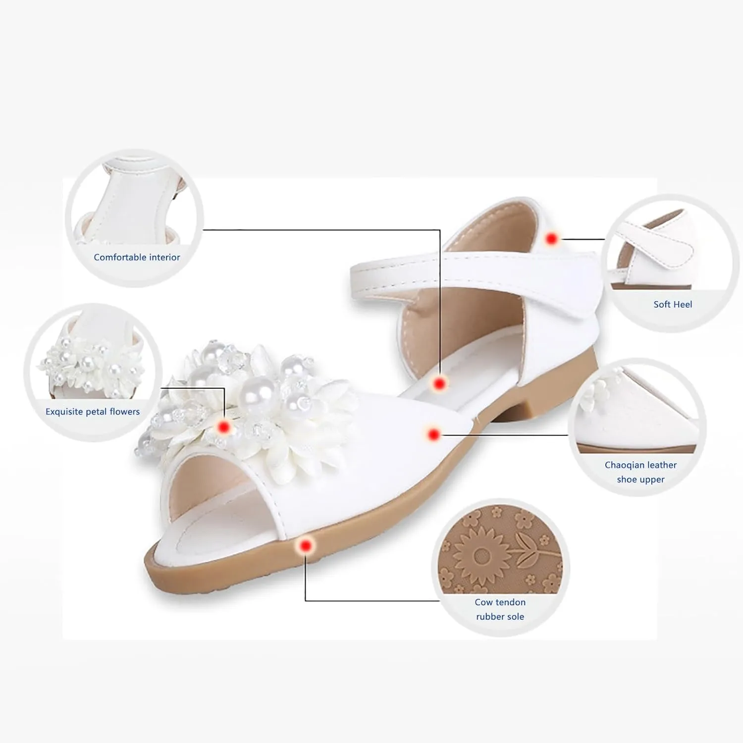 Toddler Girls Sandals Leaky Toe Non Slip Summer Flats Pearl Flower Girl Dress Shoes with Hook & Loop for Kids Wedding