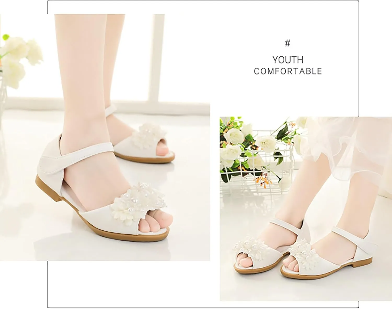 Toddler Girls Sandals Leaky Toe Non Slip Summer Flats Pearl Flower Girl Dress Shoes with Hook & Loop for Kids Wedding