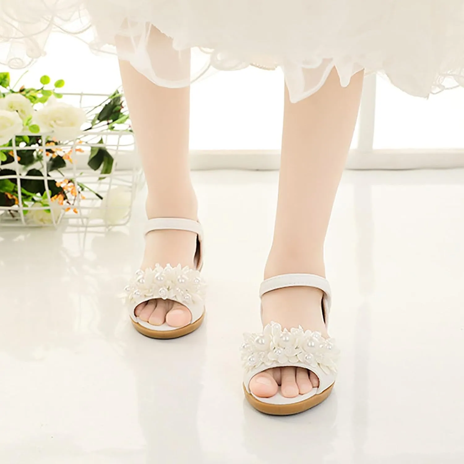 Toddler Girls Sandals Leaky Toe Non Slip Summer Flats Pearl Flower Girl Dress Shoes with Hook & Loop for Kids Wedding