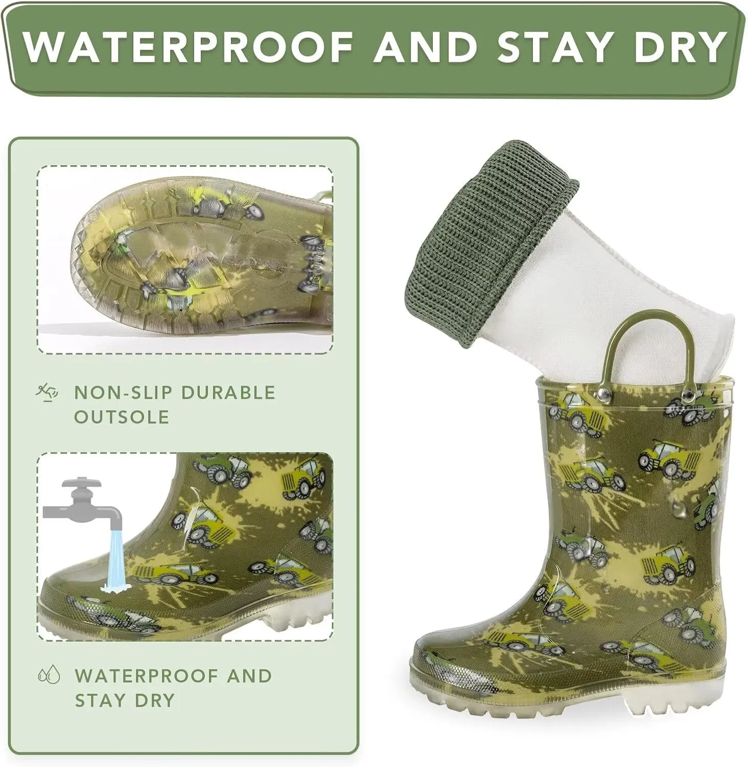 Toddler Rain Boots Kids Light up Snow Boots Boys Girls Waterproof Winter Boots with Removable Warm Lining