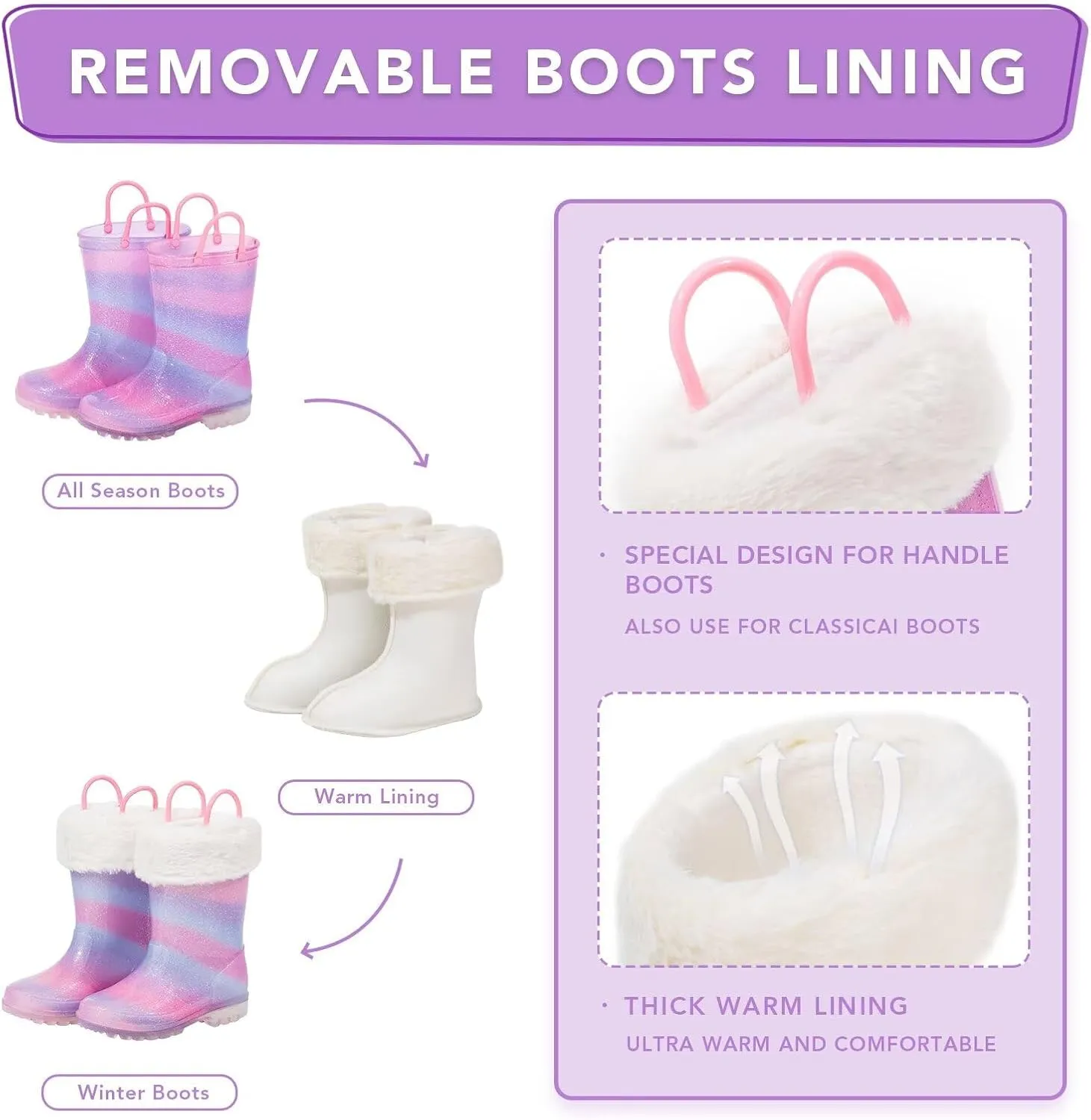 Toddler Rain Boots Kids Light up Snow Boots Boys Girls Waterproof Winter Boots with Removable Warm Lining