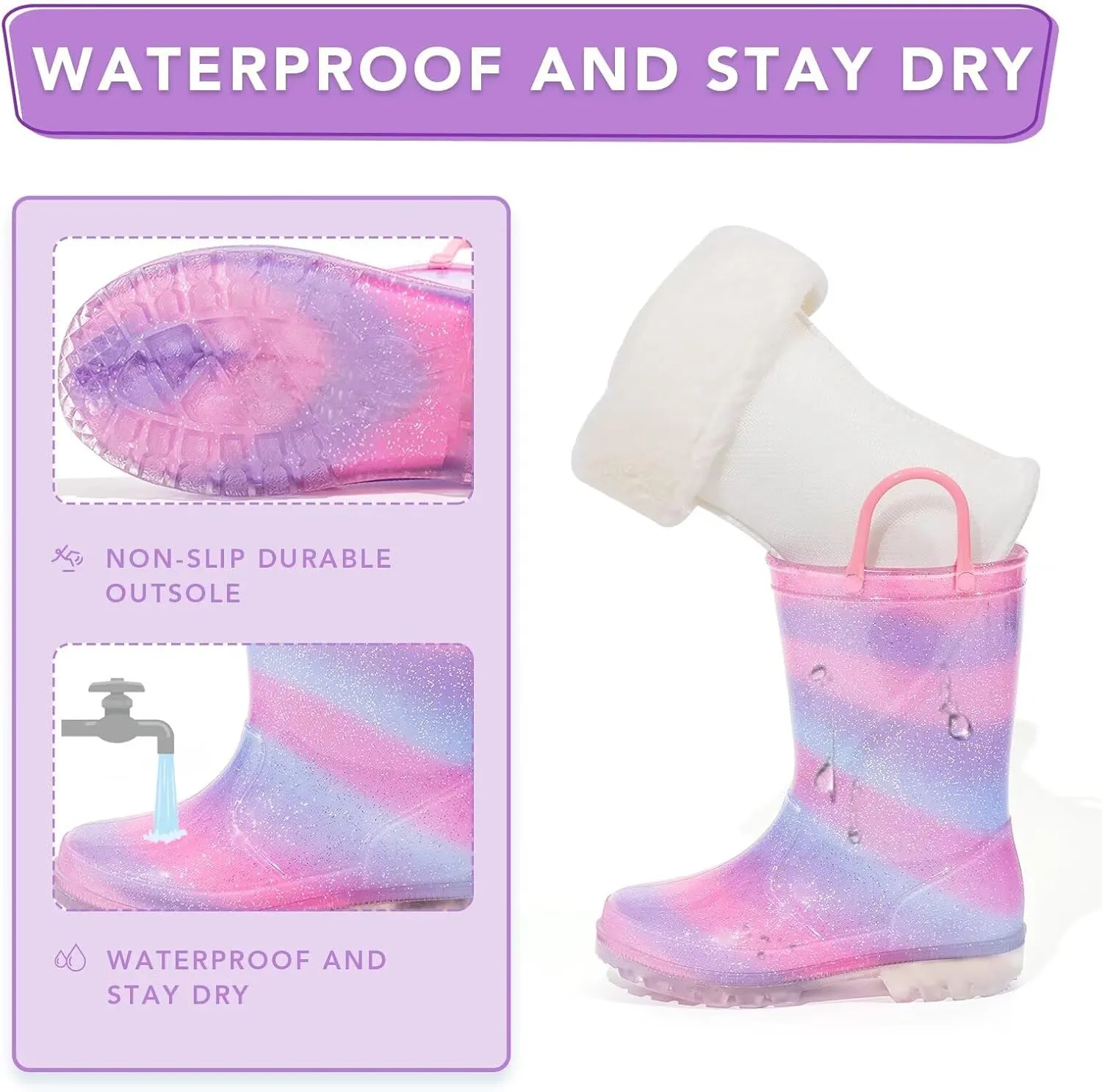Toddler Rain Boots Kids Light up Snow Boots Boys Girls Waterproof Winter Boots with Removable Warm Lining