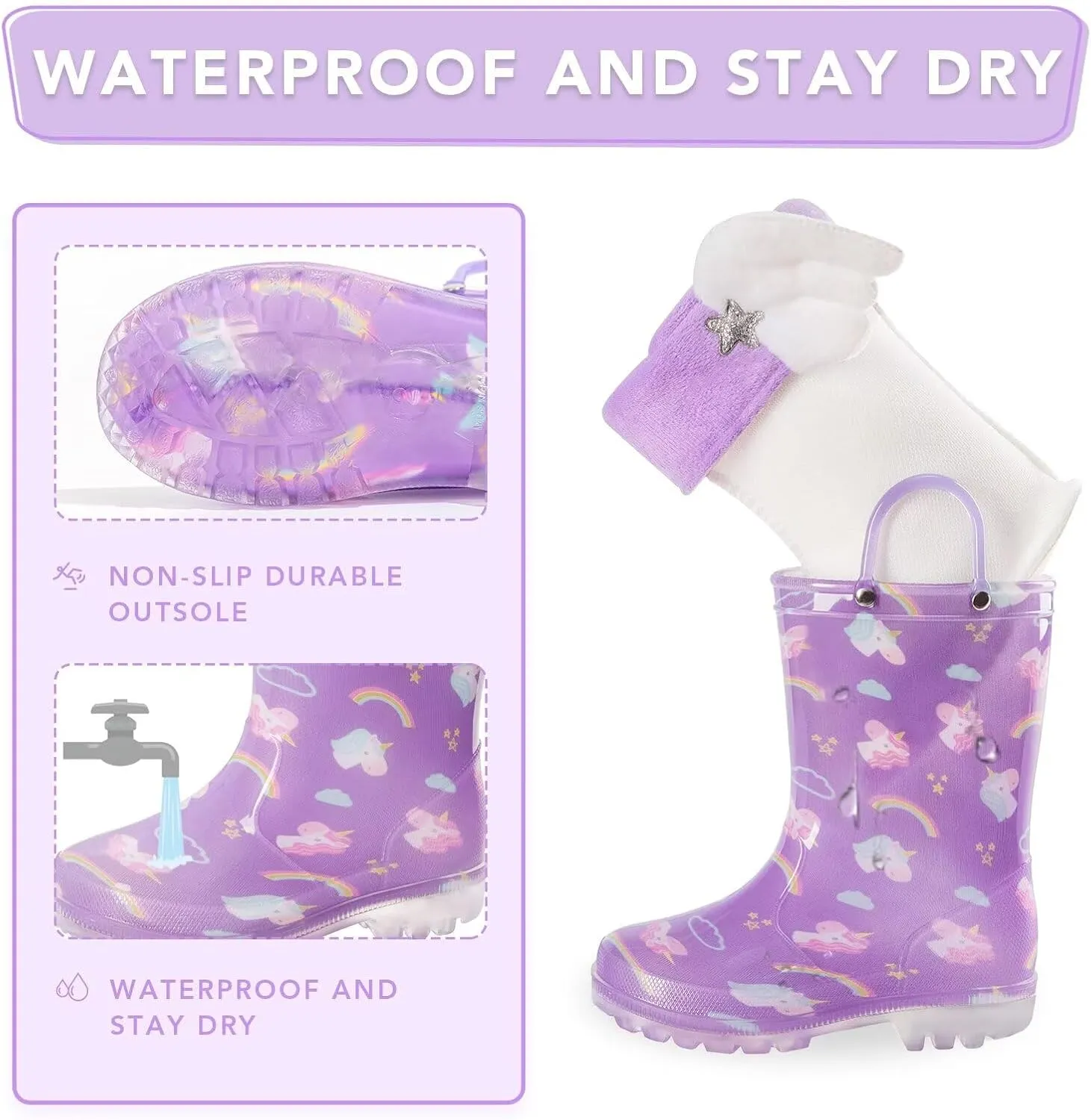 Toddler Rain Boots Kids Light up Snow Boots Boys Girls Waterproof Winter Boots with Removable Warm Lining