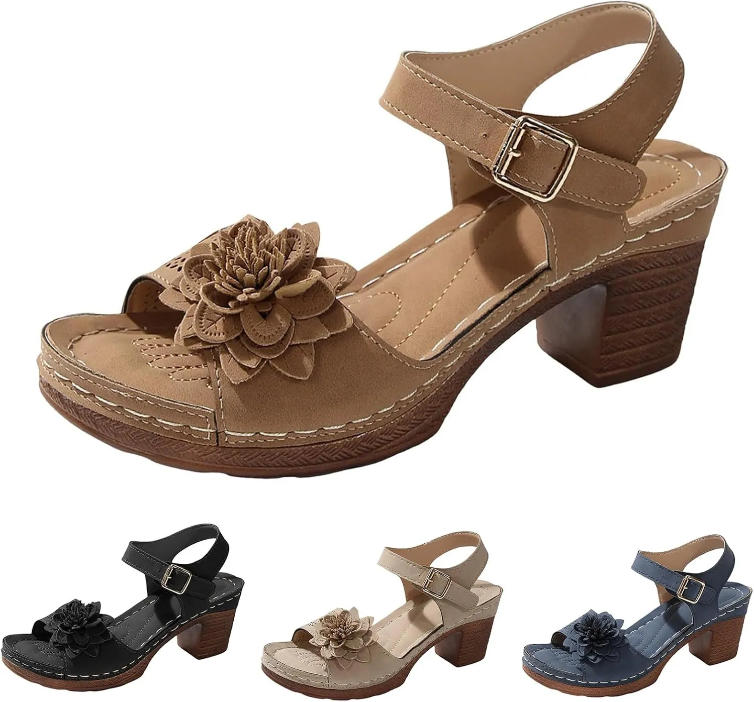 Wedge Sandals for Women 2025 Summer Arch Support Ankle Strap Sandals Breathable Hollow Open Toe High Heel Flower Shoes Casual Comfortable Bohemia Sandal