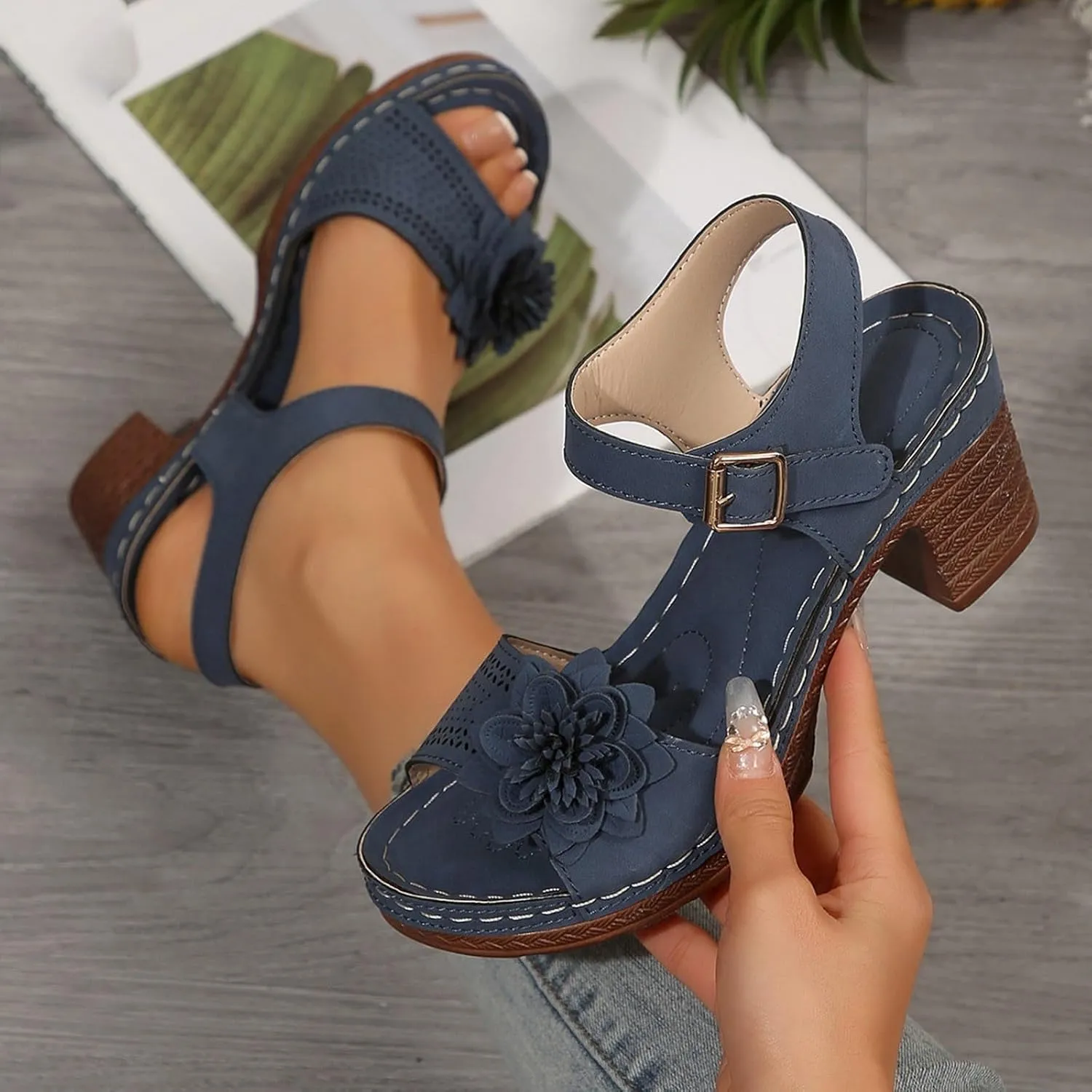 Wedge Sandals for Women 2025 Summer Arch Support Ankle Strap Sandals Breathable Hollow Open Toe High Heel Flower Shoes Casual Comfortable Bohemia Sandal