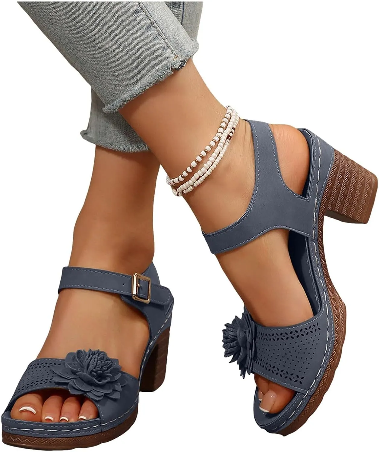Wedge Sandals for Women 2025 Summer Arch Support Ankle Strap Sandals Breathable Hollow Open Toe High Heel Flower Shoes Casual Comfortable Bohemia Sandal