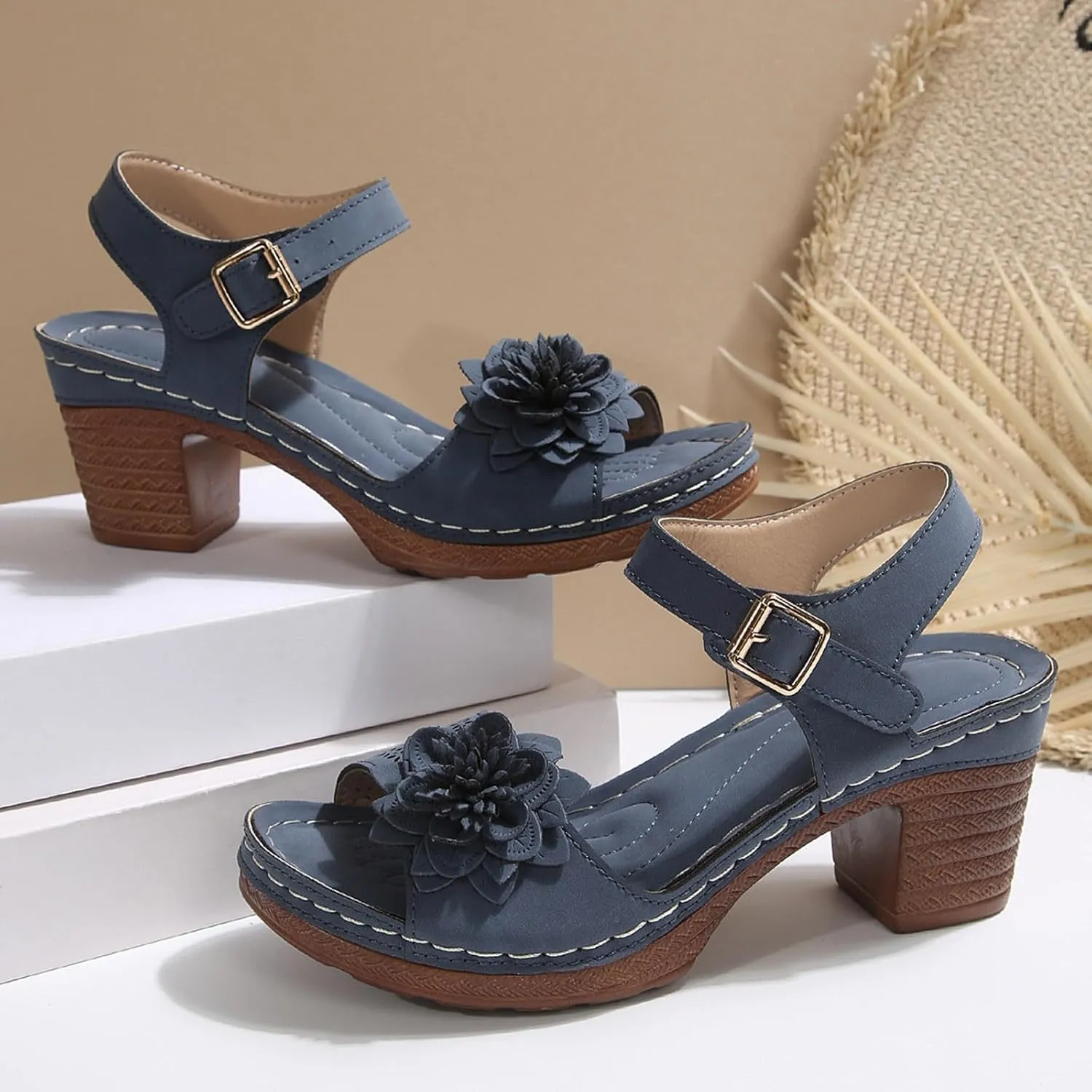 Wedge Sandals for Women 2025 Summer Arch Support Ankle Strap Sandals Breathable Hollow Open Toe High Heel Flower Shoes Casual Comfortable Bohemia Sandal