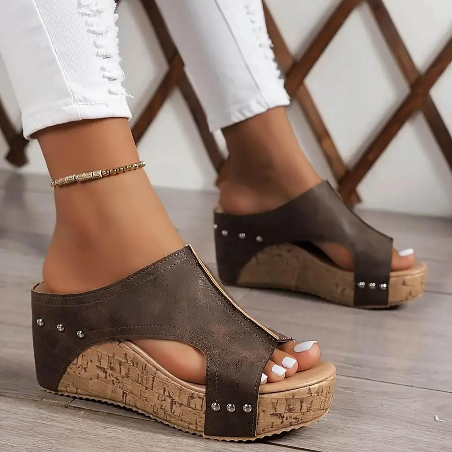 Women Width Wedge Sandals 2025 Spring Summer Shoes Casual Open Toe Hollow Out Slingback Fashion Slip on Slippers Casual Slip On Comfortable Mules Adjustable Slide Walking Shoes