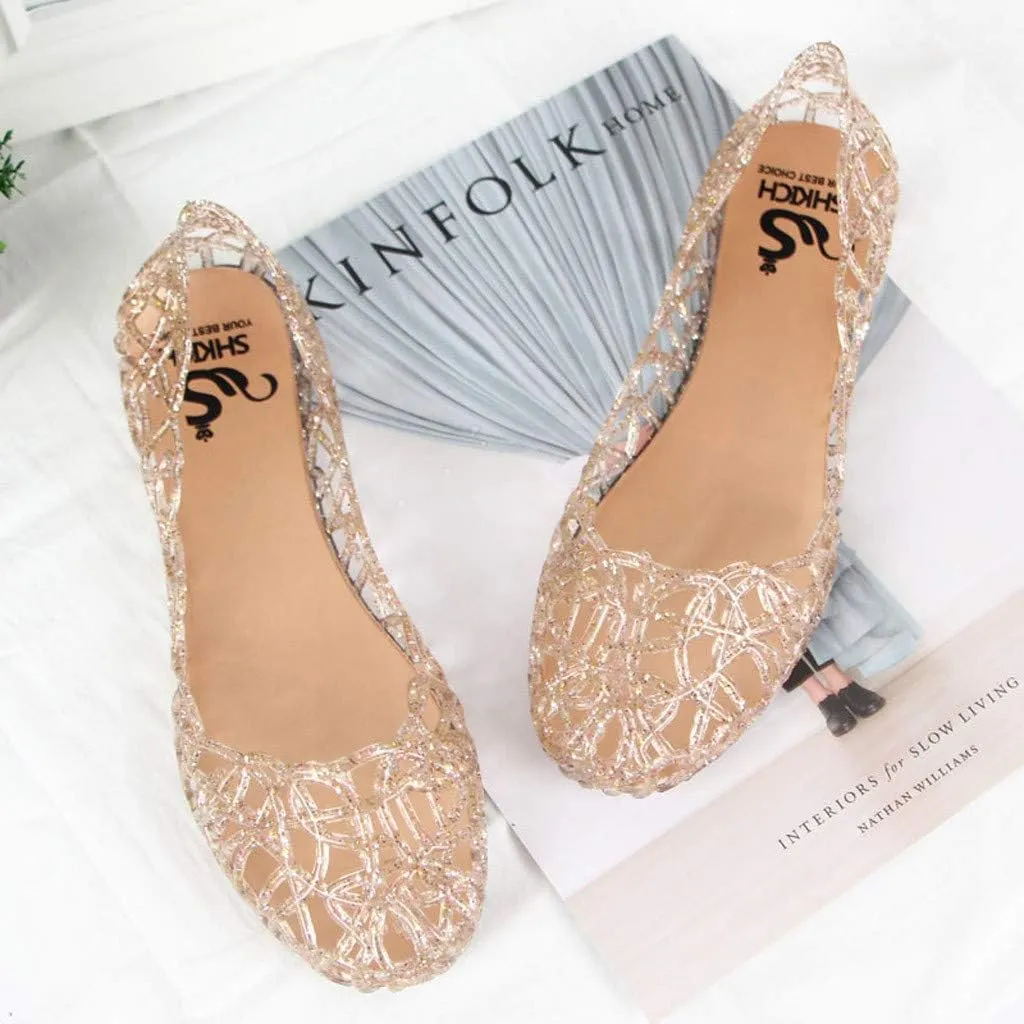 Women's Cut Out Flats Round Toe Slip On Shiny Dress Shoes Soft Comfortable Summer Outdoor Breathable Beach Walking Shoes