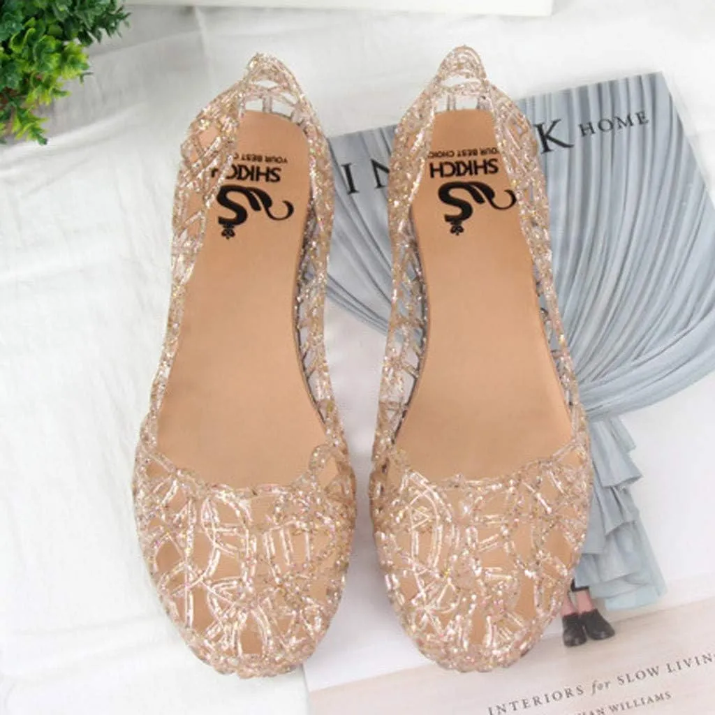 Women's Cut Out Flats Round Toe Slip On Shiny Dress Shoes Soft Comfortable Summer Outdoor Breathable Beach Walking Shoes