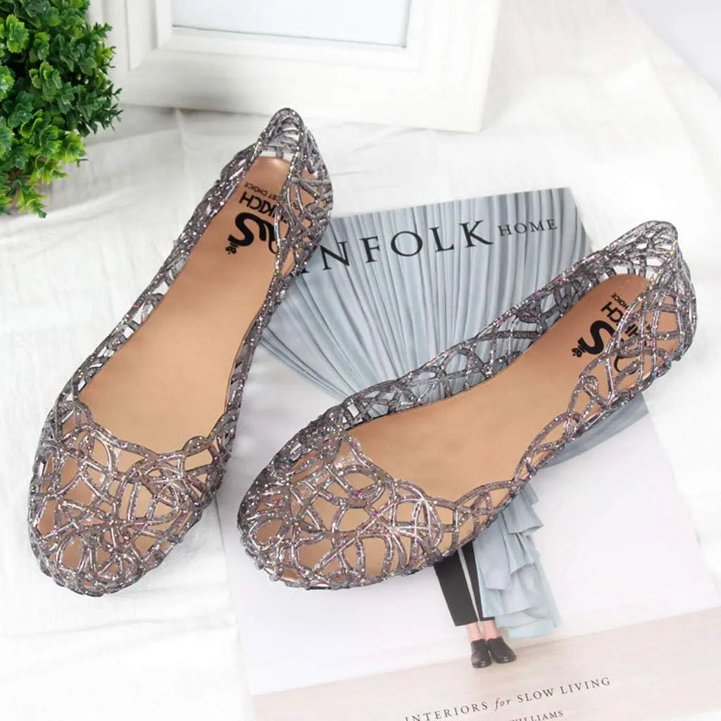 Women's Cut Out Flats Round Toe Slip On Shiny Dress Shoes Soft Comfortable Summer Outdoor Breathable Beach Walking Shoes