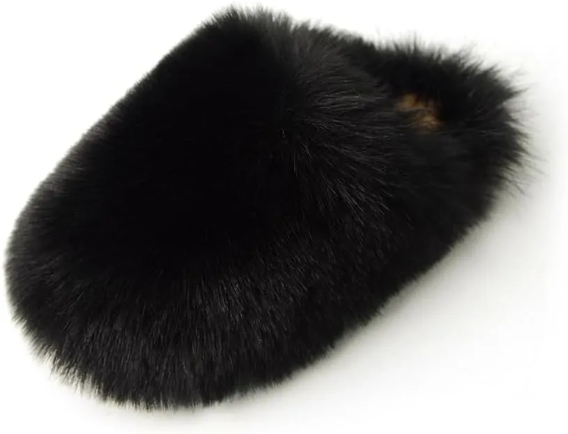 Womens Fluffy Faux Fur Slides Furry Soft Plush House Slippers Shoes Indoor Outdoor Slip On Slipper