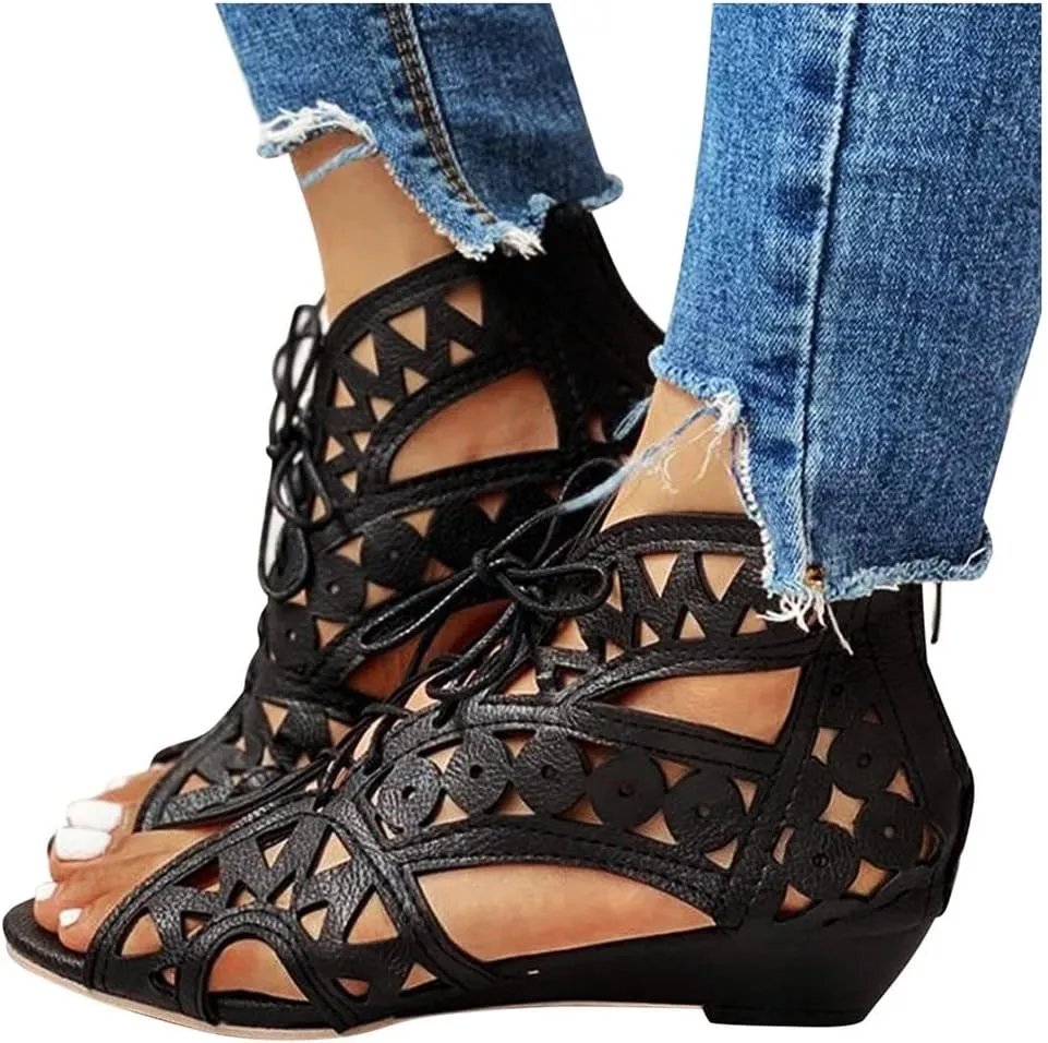 Women's Gladiator Flat Sandals Breathable Hollow Out Sandals Beach Travel Slipper Flip Flops Roman Ankle Strap Sandals (Color : Black, Size : 12 US)