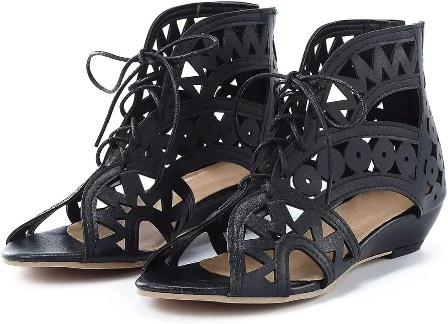 Women's Gladiator Flat Sandals Breathable Hollow Out Sandals Beach Travel Slipper Flip Flops Roman Ankle Strap Sandals (Color : Black, Size : 12 US)