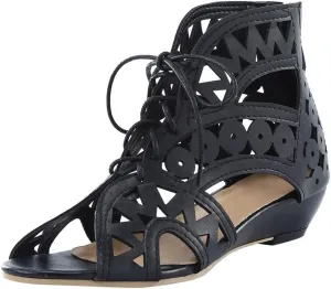 Women's Gladiator Flat Sandals Breathable Hollow Out Sandals Beach Travel Slipper Flip Flops Roman Ankle Strap Sandals (Color : Black, Size : 12 US)