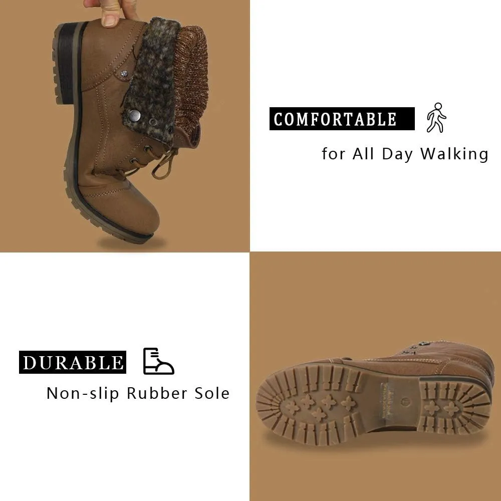Womens Knitted Cuff Ankle Booties Lace up Combat Boots Folded Collar Stylish Snow Boots Hiking Shoes