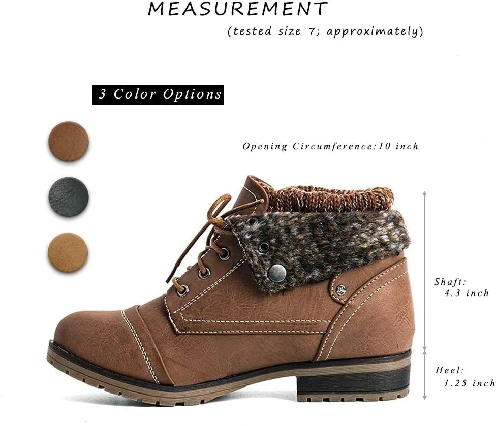 Womens Knitted Cuff Ankle Booties Lace up Combat Boots Folded Collar Stylish Snow Boots Hiking Shoes