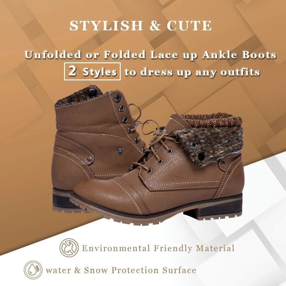 Womens Knitted Cuff Ankle Booties Lace up Combat Boots Folded Collar Stylish Snow Boots Hiking Shoes