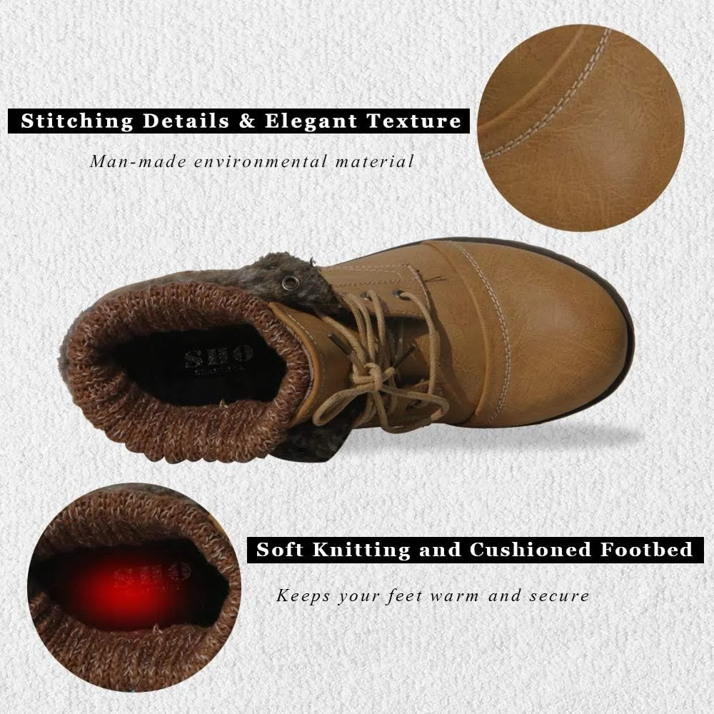 Womens Knitted Cuff Ankle Booties Lace up Combat Boots Folded Collar Stylish Snow Boots Hiking Shoes